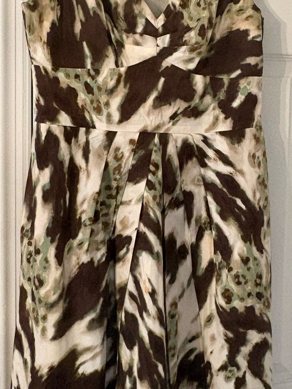 Banana Republic Strapless Brown, Green & Cream Printed Fit-and-Flare Dress